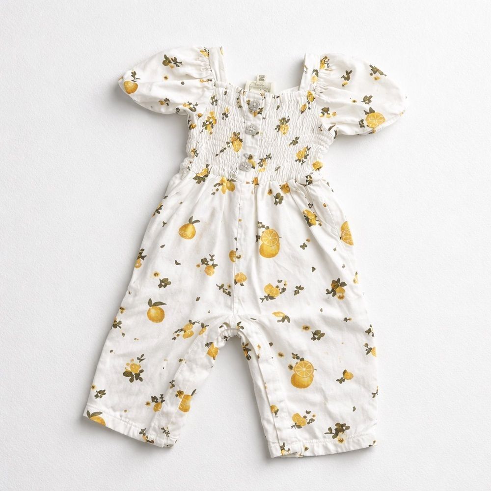 Jessica Simpson White and yellow lemon jumpsuit smocked size 18 months EUC
